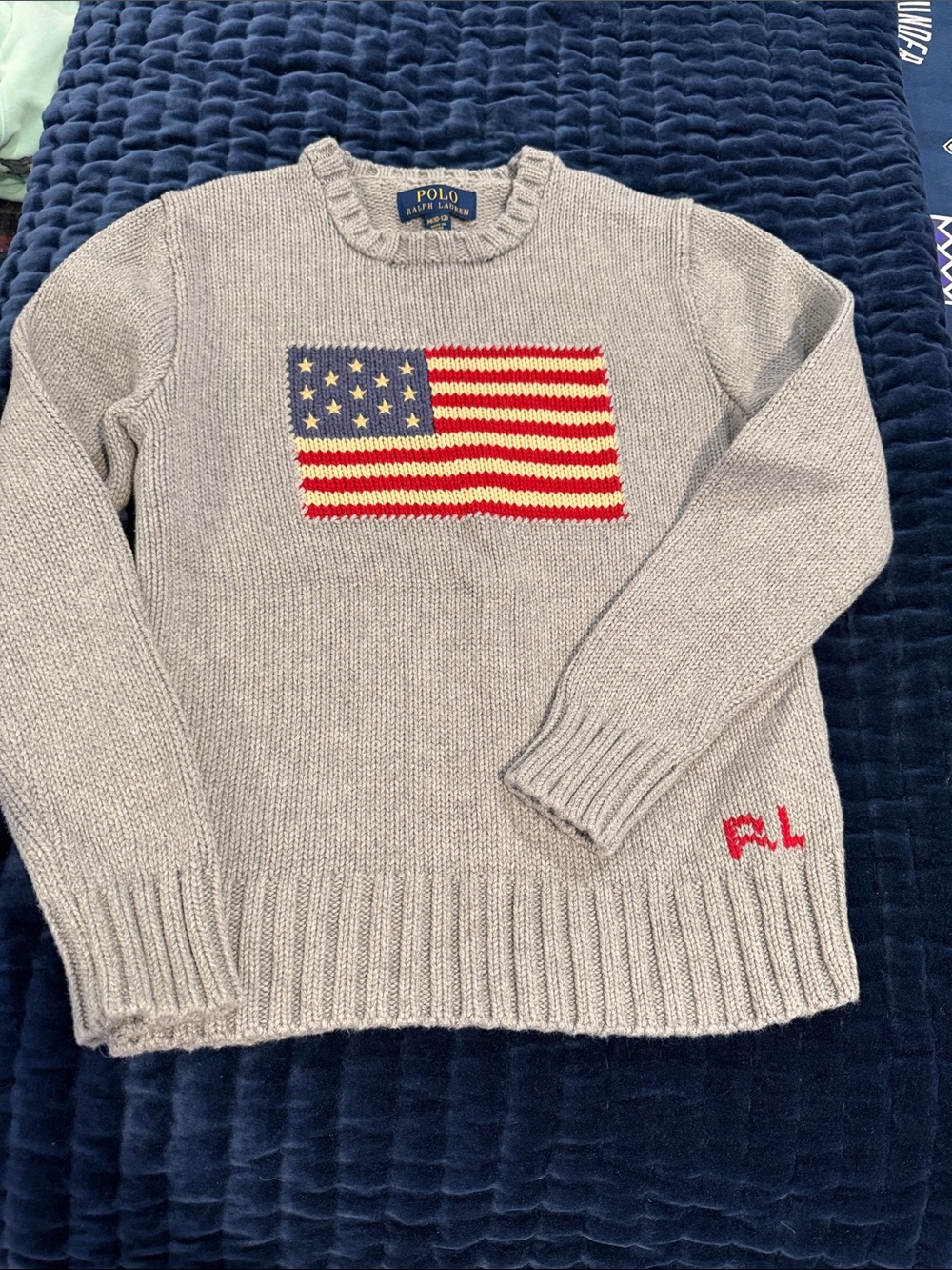 Polo by Ralph Lauren Gray Crewneck Sweater with Flag Motif